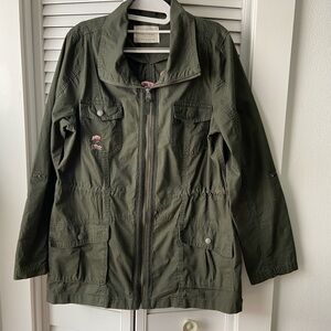 Women's Green Utility Jacket with Pink Floral  Embroidery Accents